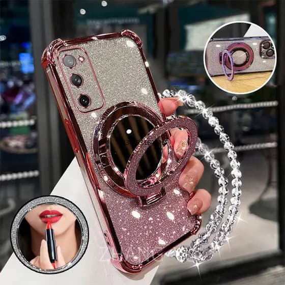 Capa Para Samsung S20 FE De Telefone À Prova De Choque 3D Suporte De Espelho De Maquiagem Nova Pulseira Macia Usando Uma