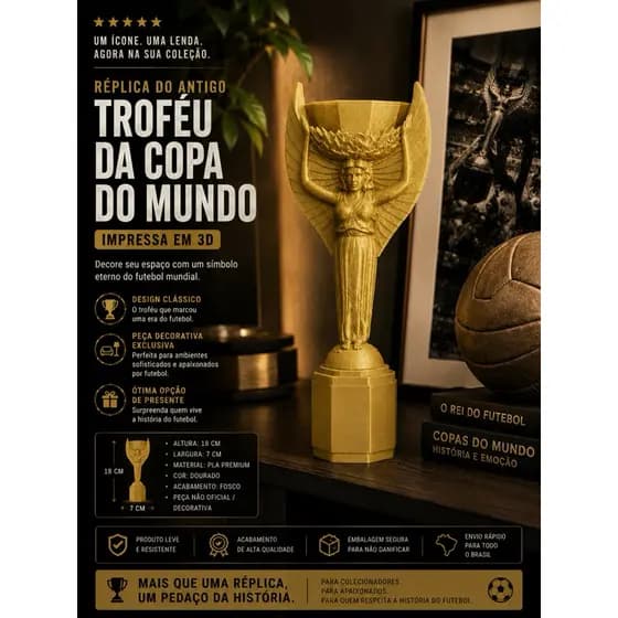 Réplica Antiga Taça da Copa do Mundo Julis Rimet em Impressão 3D – 18cm Decorativa Colecionável