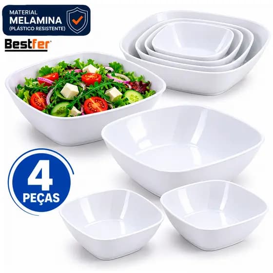 Conjunto Jogo de tigelas 4 peças Travessas Quadrada em Melanina Bowl opaline kit tigela Branca
