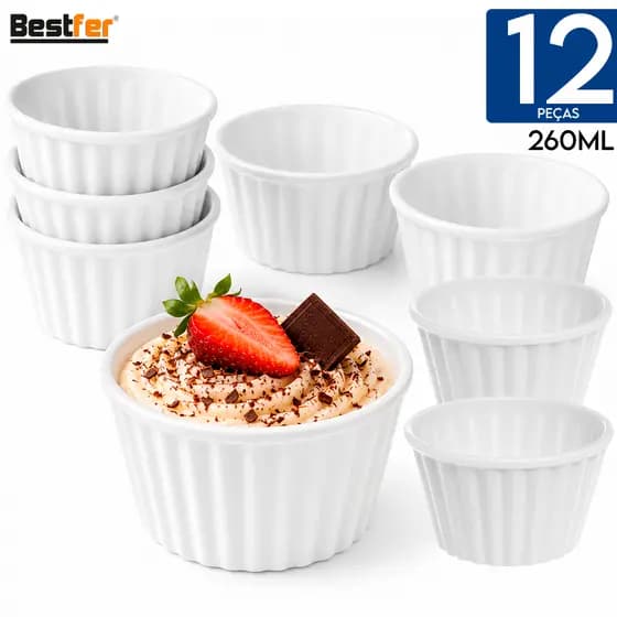 Tigelas Ramequim até 12 Peças Melamina Branca 260ML Premium Multiuso Sobremesa Petisco Elegancia