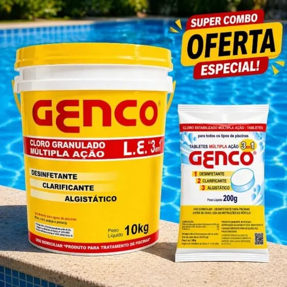 Kit Cloro Genco 10kg 3 em 1 + Pastilha Brinde Limpeza, Desinfecção e Anti Algas