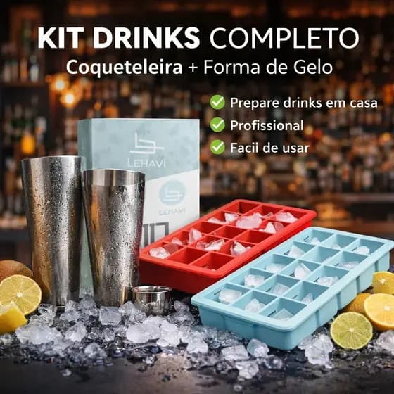 Kit Bar em Casa Drinks Bartender Completo Coqueteleira Boston 820ml Inox + Forma de Gelo Silicone