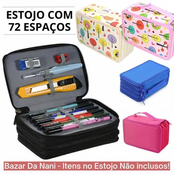 Estojo Escolar 72 Espaços Com 4 Divisórias - 72 Elásticos