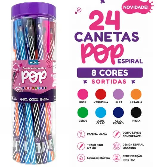 Pote com 24 Canetas Esferográficas Pop Espiral 0.7mm Coloridas 8 Cores Escrita Macia Escolar Escritório