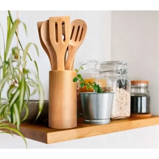 1 Kit Colher De Pau Utensílios Em Bambu 5 (4 talheres + suporte) Peças (Envio imediato)