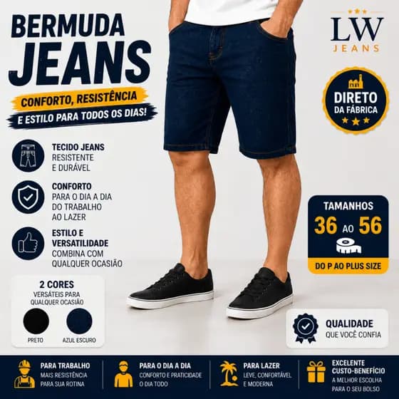 Bermuda Jeans Masculina com Elastano Lycra, Conforto