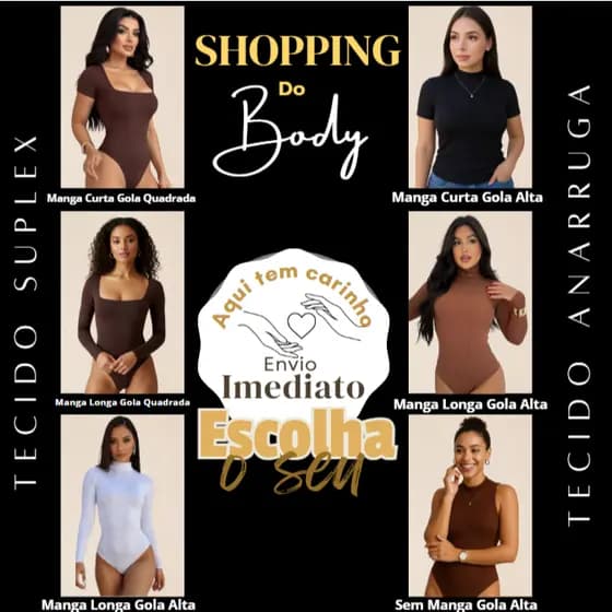 Body Feminino Suplex Anarruga Gola Alta ou Quadrada | Manga Curta Longa e Sem Manga | Envio Imediato