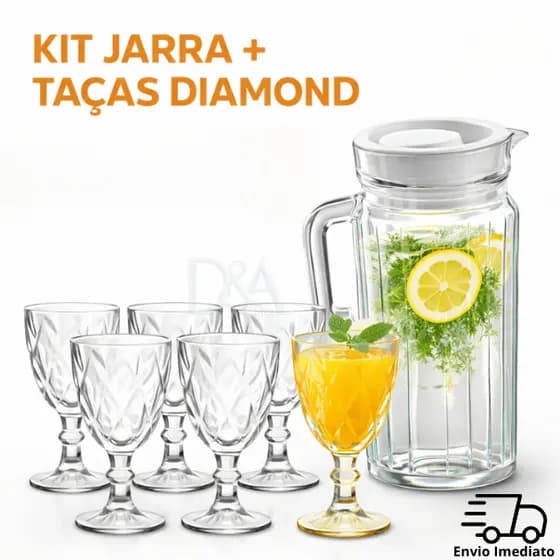 Kit Taças Diamond 320ml Jarra de Vidro Suíço 1 Litro Suco Água Transparente Com Tampa 4 ou 6 Taças