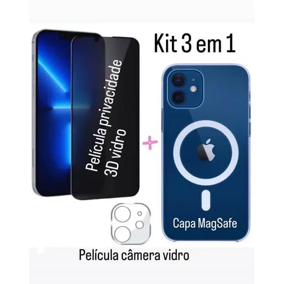Kit3 em 1 Completo Para o seu IPhone Capa MagSafe+Pelicula Privacidade+Pelicula de Câmera Linha IPhone 11 12 13 14 15 16