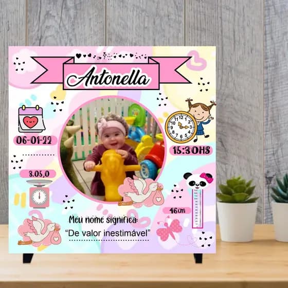 Quadro Azulejo Personalizado Nascimento do Bebê - Quadro Maternidade - Lembrancinha Bebê personalizada Menina