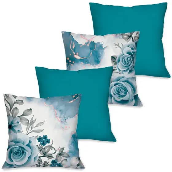Kit 4 Capas de Almofadas para Sofá Rosas Azuis Dcorô 45x45 cm