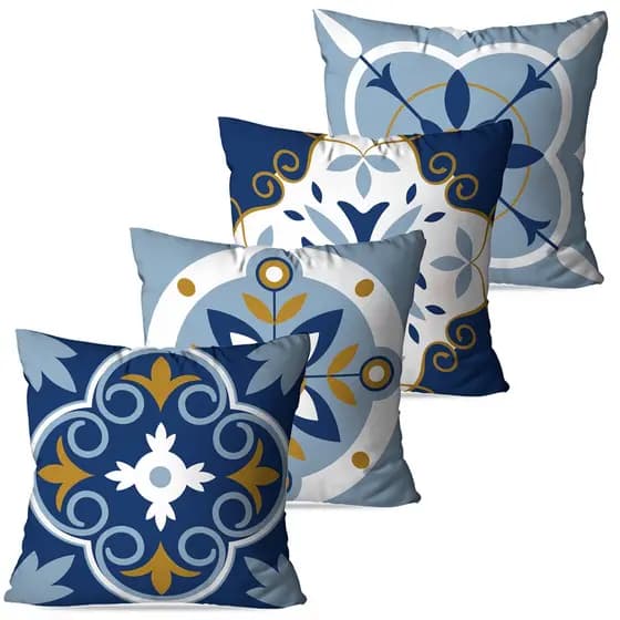 Kit 4 Capas de Almofadas para Sofá Estilo Azulejo Azul Dcorô 45x45 cm