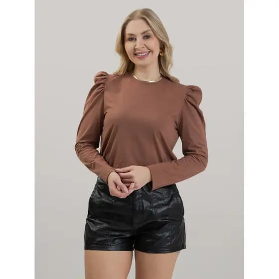 Blusa Feminina Manga Longa Bufante de Algodão Lisa Clara Marrom Blusa de Frio Inverno Estilosa