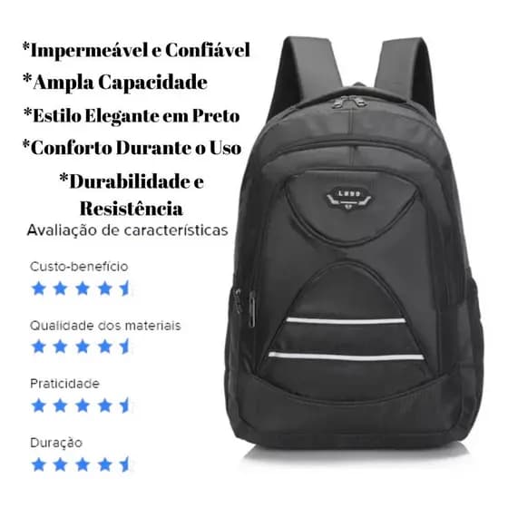 Mochila L899 Grande Preta: Premium, Impermeável E Espaçosa Alta Qualidade