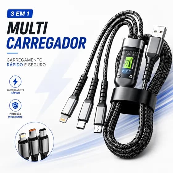Cabo Carregador 3 em 1 Rápido 100W Turbo iPhone Android Tipo C