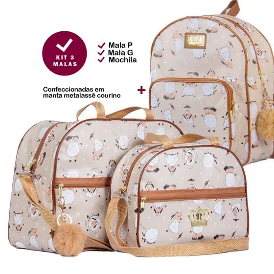Kit C/ 3 Peças Mala Maternidade Mochila De Costas Infantil Menina e Menino Saida Hospital Reforçada Estampa Ovelhinha