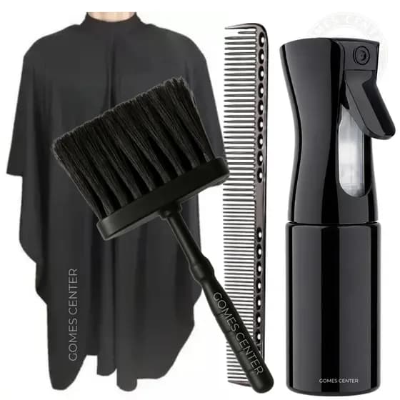 Kit Barbeiro Profissional Completo – Capa de Corte + Borrifador Névoa Contínua + Espanador Fígaro + Pente