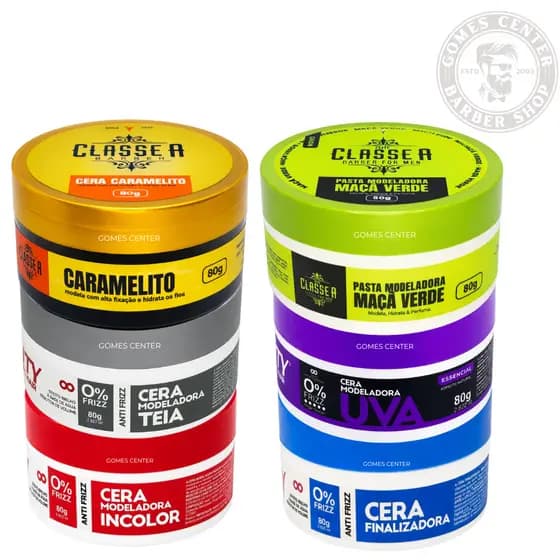 Kit 6 Pomadas Classe A Barber e Infinity Looks Hair For Men: Caramelito, Teia, Incolor, Maça Verde, Finaliza+ Uva