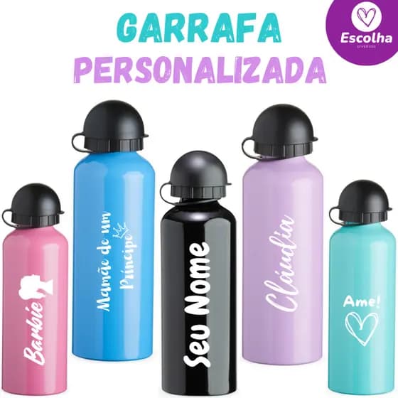 Garrafa de Agua em Alumínio 500ml Personalizada c/ Mosquetão Nome, Frase ou Logo