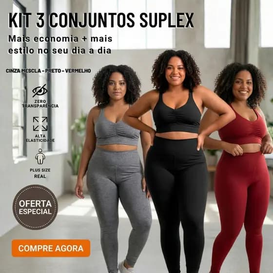 KIT3 Conjunto Plus Size Academia Legging Modeladora Top Franzido