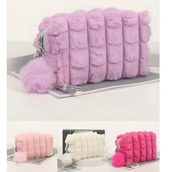 Necesser Pelucia Necessaire com Pompom e Alça Feminina Alto relevo Peluda Estojo de Bolsa luna_hyq