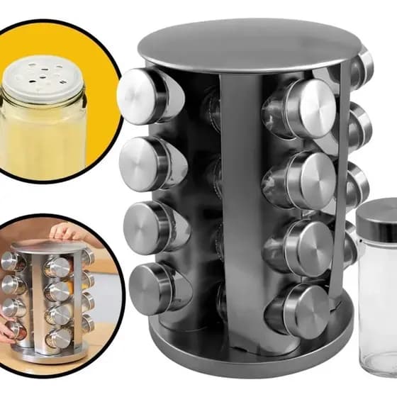 Porta Tempero Giratório Inox 16 Potes Vidro Condimentos Cozinha Mesa Prateado Organizador