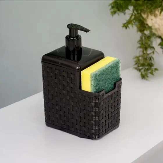 Porta Detergente 500ml e Bucha Esponja com Dispenser Suporte Rattan