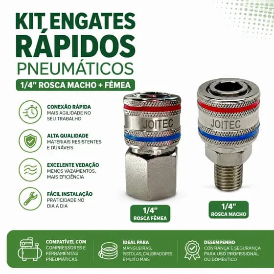 Kit Engates Rápidos Pneumáticos 1/4 Rosca Macho + Fêmea