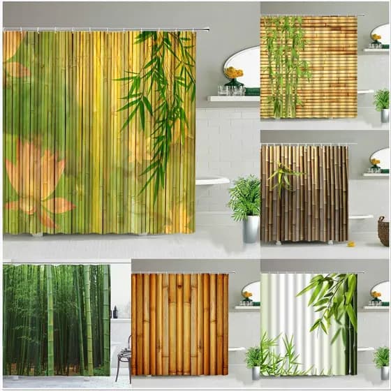 Cortina Verde Amarelo Bambu De Lótus Cortinas De Banho Flor Natural Cenário Tecido Fundo Decoração De Parede Gancho De