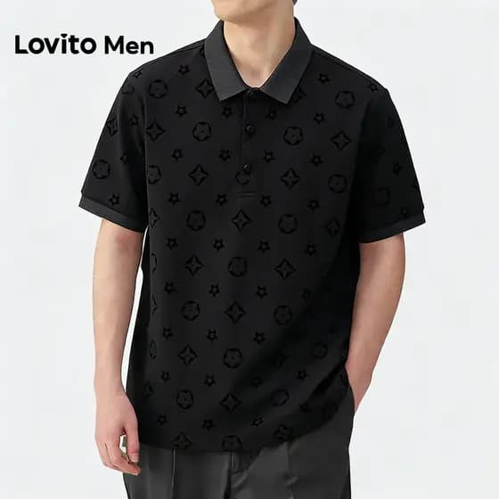 Lovito Men Camisa Polo Casual com Botões Estampa de Primavera/verão Camisa Polo Preta para Homens LNE142507