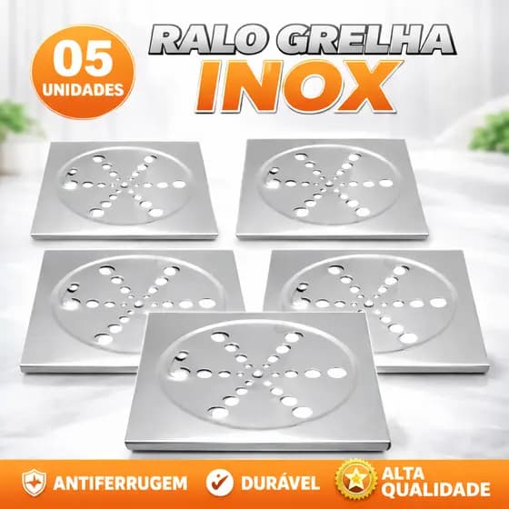 Kit 5 Ralo Grelha Quadrado 9,5x9,5cm Inox Abre Fecha Rotativo Acessórios para Banheiro Veda Cheiro