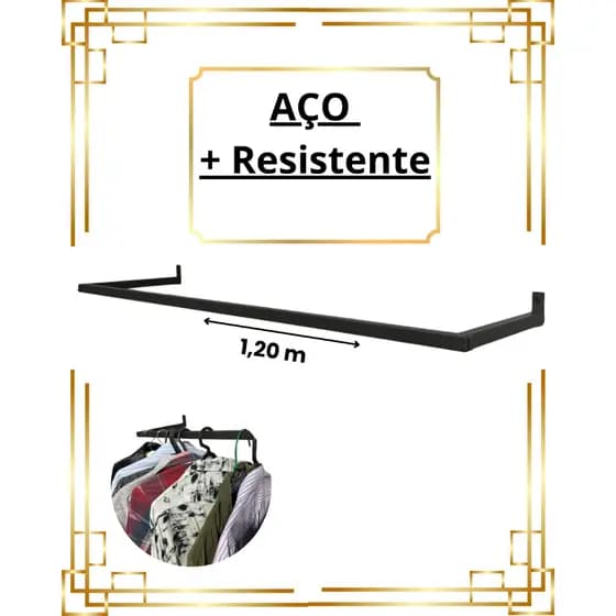 Arara De Parede 120 cm Cabideiro Aço Resistente Organizador de Roupas Loja Closet Quarto