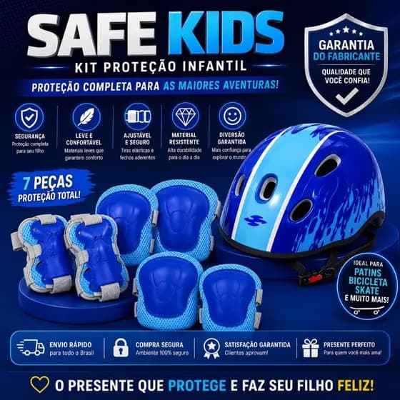 Kit Proteção Infantil Completo Cor Azul Capacete Joelheira Cotoveleira Munhequeira - Bicicleta Patins Skate Patinete