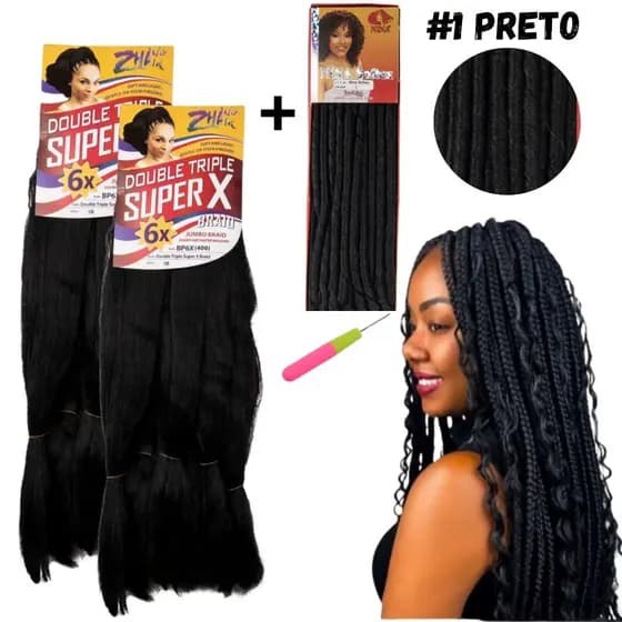 Kit 2 Cabelo Jumbo Super X + Nina Softex E Agulha Tranças Box Braids Cachos Gypsy Crochet