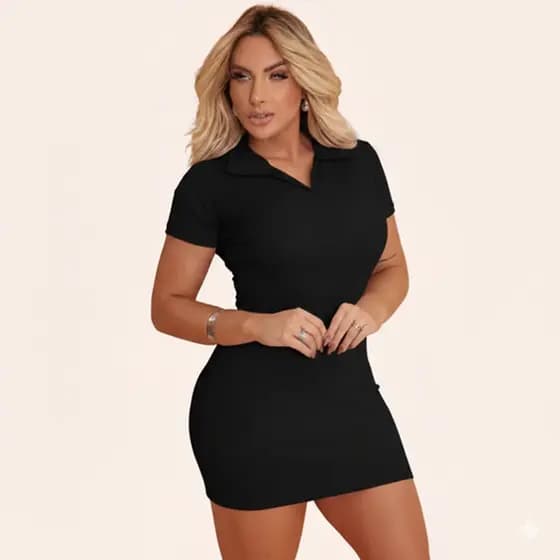 Vestido Curto Tubinho Gola Polo Preto Moda Fashion Feminino