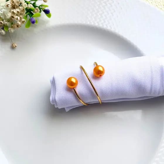 6 ou 12 Porta Guardanapo Argola Mesa Posta Jantar e Casamento Metal com Perola Laranja
