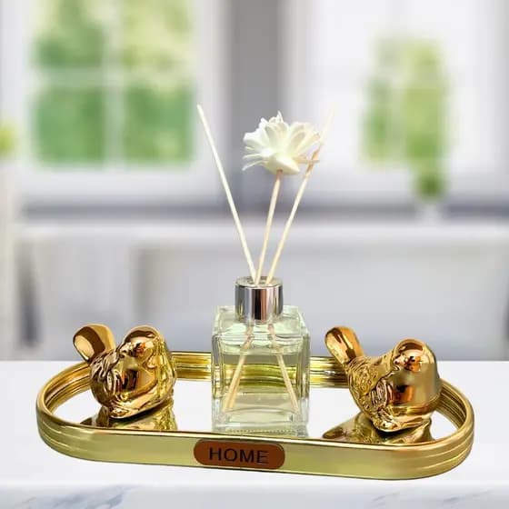 Kit Sala Decorativo difusor de ambientes aromático com Cerâmica e bandeja espelhada 25cm