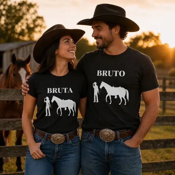 Camiseta Casal Unissex Bruta e Bruto Western Country Cowgirl Cowboy Agro Festa De Peão Namorados