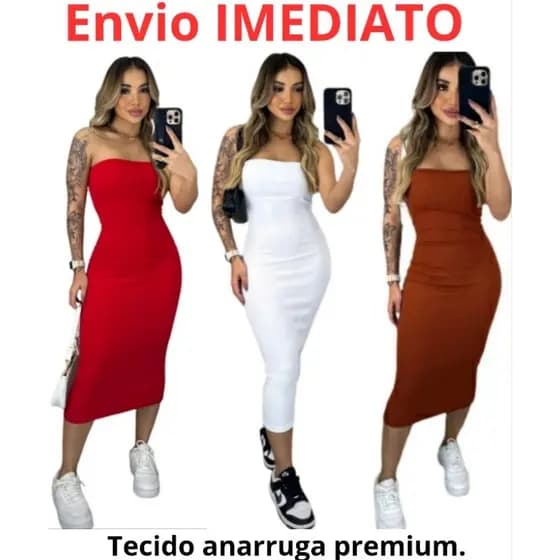 Vestido feminino midi tomara que caia tubinho justo longuete no anarruga de algodão