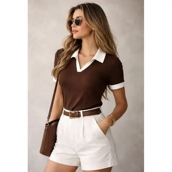 Camiseta Polo Feminina Bicolor Ribana Premium Elegante