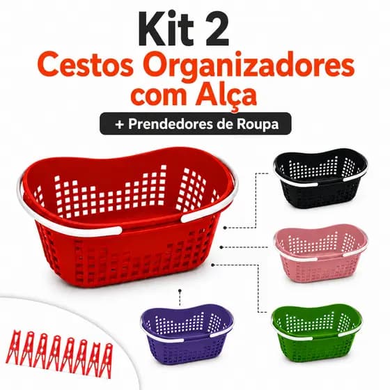 Kit 2 Cestos Organizadores com Alça + Prendedores Roupa Plástico Resistente Lavanderia Multiuso