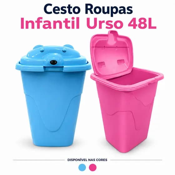 Cesto Roupa Suja Infantil 48L com Tampa Ursinho Organizador Brinquedos Quarto Kids Decorativo Premium