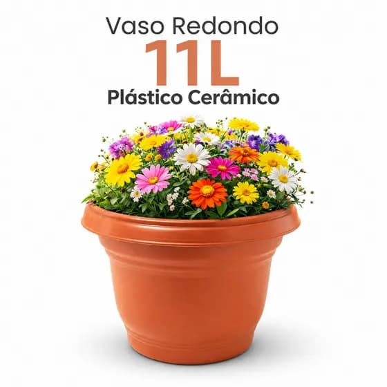 Vaso Redondo 11L Plástico Cerâmico Reforçado Jardim Plantas Flores Paisagismo Grande Kit 5