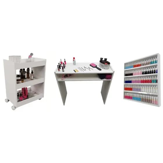 Kit Para Manicure Com Mesa + Prateleira de Esmaltes + Carrinho Auxiliar MDF