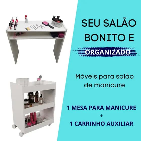 Kit Mesinha Manicure Profissional + Carrinho Auxiliar Manicure