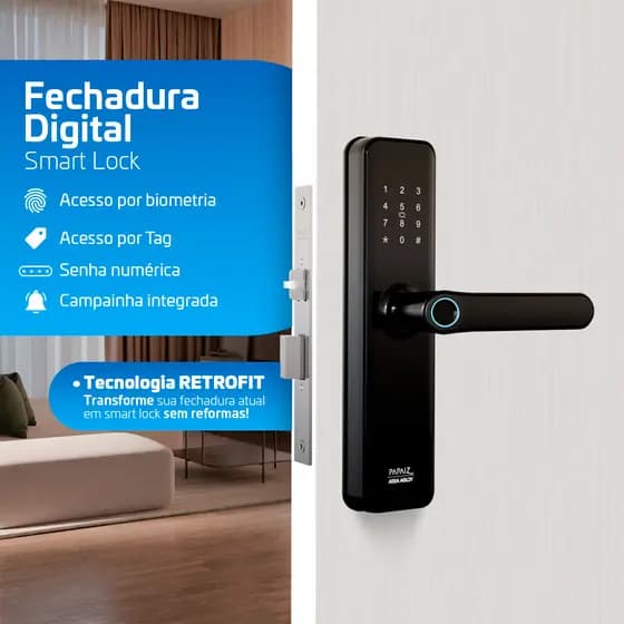 Fechadura Smart Eletrônica Digital Papaiz Original Biometria Touch Campainha Integrada RFID SL150