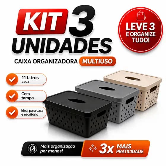Kit 3 Caixas Organizadoras 11 Litros com Tampa Multiuso Empilhável Ventilada 3 Cores