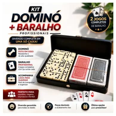 Kit Jogos Dominó em Osso + Baralhos Profissional Completo com Estojo Lazer Família