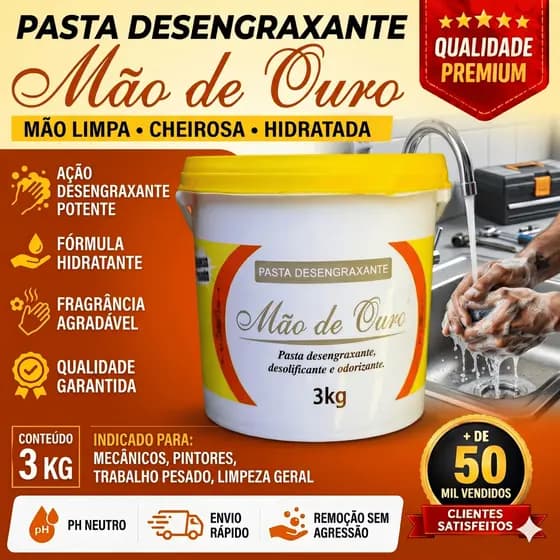Pasta Desengraxante 3kg Mão de Ouro – Limpa Graxa, Óleo e Sujeira Pesada | Hidrata e Perfuma as Mãos