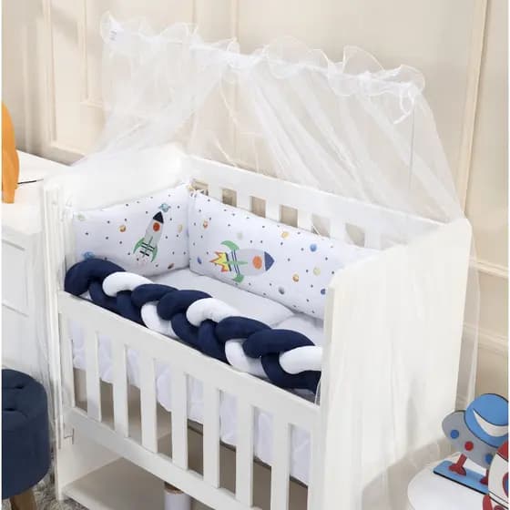 Kit para Mini berço astronauta foguete marinho menino 7 peças trança almofada lateral mosquiteiro